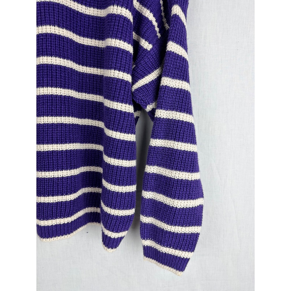 Chaus Sport L Purple White Striped Oversized Chunky Knit Crewneck Sweater - Picture 13 of 14